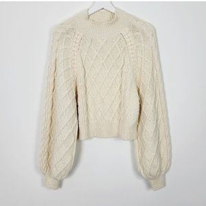 Free people ivory textured balloon sleeves mock neck sweater